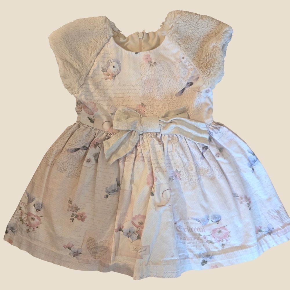 Lapin House  Floral Bird Toile Dress Set‎ Faux Fur Sleeves 3A/3T